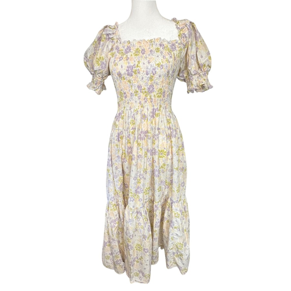 Levi's Smocked Floral Puff Sleeve Tiered Midi Dress M Yellow Purple Cottage Boho - Picture 1 of 10